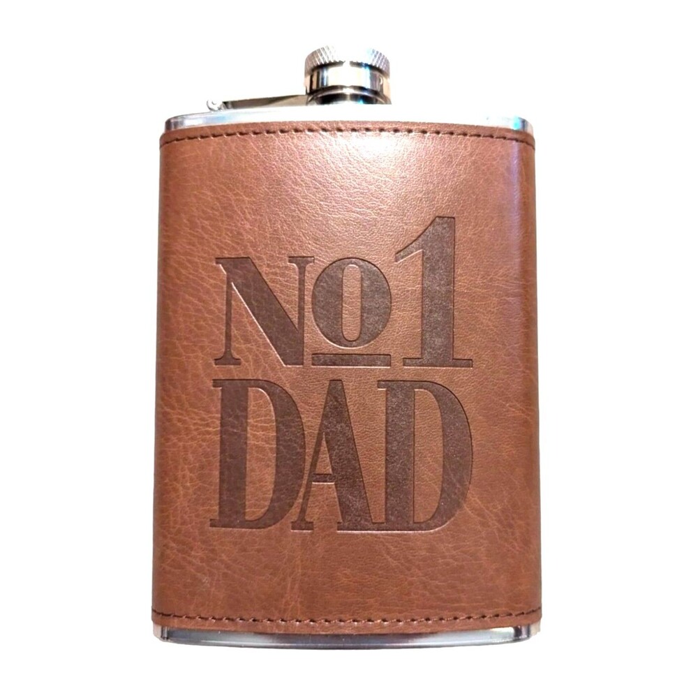 No. 1 Dad Drinking Flask Stainless Steel Faux Brown Leather Wrap 8 oz. Gift NEW